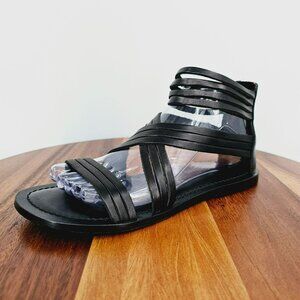 Garnet Hill Sandals 6.5 Giselle Italian Strappy Gladiator Black Leather Zip Back